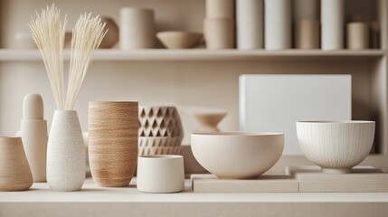 Contemporary Ceramic Design Showcase - Minimalist Vases, Bowls, and Decorative Objects in Earthy Tones, Displayed on a Shelf with a Blank Canvas for Branding or Text