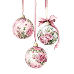Floral Christmas Ornaments with Pink Roses and Ribbons
