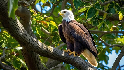 This stunning image captures the essence of nature's majesty, featuring a powerful eagle perched among the dense foliage of a verdant forest canopy.