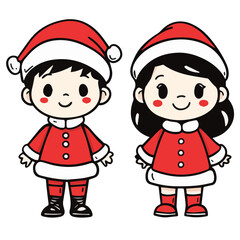 Illustrations set of cute boy and girl in Christmas costumes