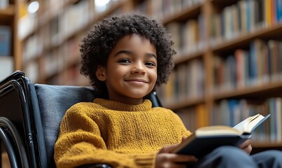 Happy young disabled mixed race school student in wheelchair reading a library book. African american child with disability learning. Inclusive & diverse education