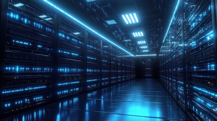 Obraz premium A futuristic data center with illuminated server racks in a dark corridor.
