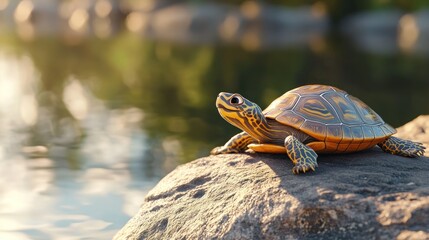Obraz premium A turtle basking on a rock beside a serene water body during sunset.