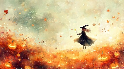 Naklejka premium Enchanting Watercolor Scene of a Cute Witch Flying over Glowing Pumpkin Patch in Autumn Twilight