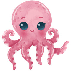 Cute Octopus Cartoon Sea Animals Watercolor Illustration