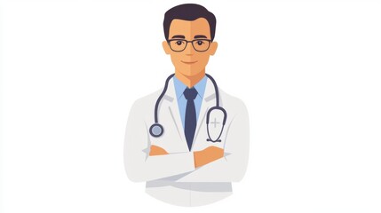 Fototapeta premium Illustration of a confident male doctor in a white coat with a stethoscope, crossing arms, isolated on a white background.