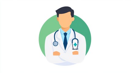 Fototapeta premium Illustration of a doctor with crossed arms, wearing a stethoscope and a white coat, against a green circular background.