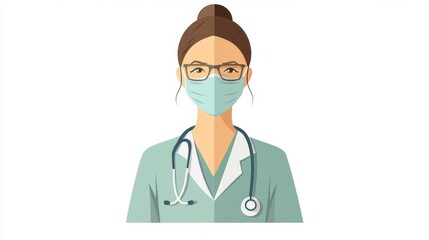 Fototapeta premium Illustration of a female healthcare worker wearing glasses, a face mask, and scrubs with a stethoscope around her neck.