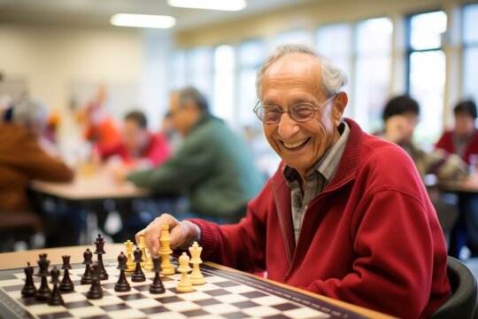 Group of seniors engaged in a lively game of chess at a community center men concentration intelligence.