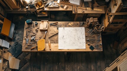 A cluttered woodworking workshop with tools and a blueprint on a wooden table.