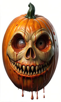 Chilling Halloween Pumpkin Skull Head With Sinsiter Smile and Blood Smears Graphic Resource for Spooky halloween background posters and halloween parties