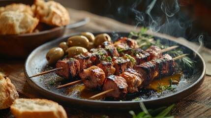 A plate features freshly grilled arrosticini skewers alongside olives and rustic bread on a textured wooden table, evoking a warm culinary experience