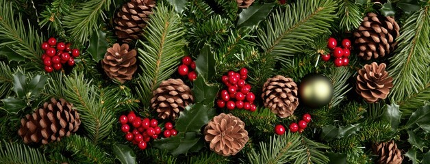 Fototapeta premium A vibrant Christmas garland made of lush pine branches, decorated with natural cones and bright red berries, ideal for enhancing festive designs and marketing materials
