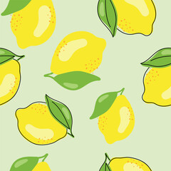Fresh yellow fruits of lemon, lime, with green leaves and flowers. Seamless citrus texture on a white background. Whole lemon slice. Doodle Minimal Style. Black line. Vector illustration.