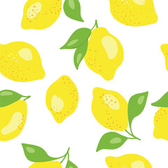 Fresh yellow fruits of lemon, lime, with green leaves and flowers. Seamless citrus texture on a white background. Whole lemon slice. Doodle Minimal Style. Black line. Vector illustration.