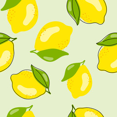 Fresh yellow fruits of lemon, lime, with green leaves and flowers. Seamless citrus texture on a white background. Whole lemon slice. Doodle Minimal Style. Black line. Vector illustration.