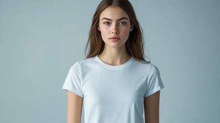 Obraz premium A model stands confidently wearing a neatly fitted white t-shirt. The focus is on her expression and posture against a soft, neutral backdrop, emphasizing simplicity in style