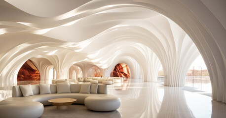 A modern interior design with a sleek design featuring a large window and a comfortable couch
