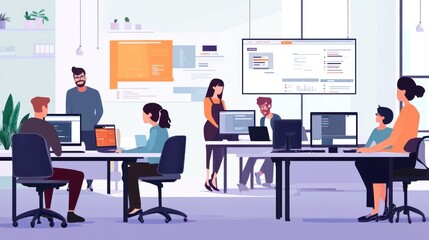 A group of colleagues are working on computers in a modern office.