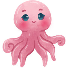 Cute Octopus Cartoon Sea Animals Watercolor Illustration