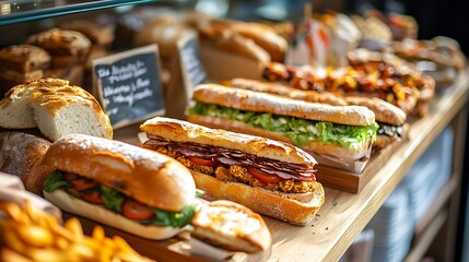 Close-up of a variety of fresh sandwiches in a bakery display case.  The sandwiches are on wooden shelves and include a variety of fillings, including meat, lettuce, tomato, and cheese.
