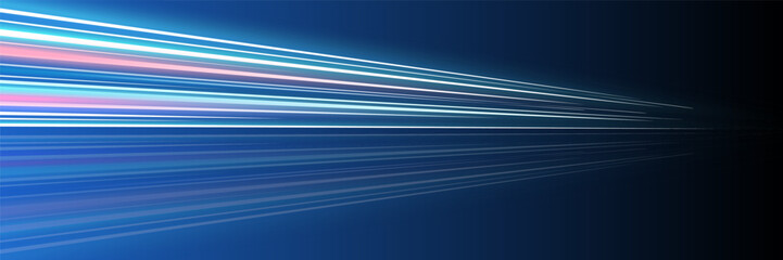 Motion luminous linear trails horizontal banner. High speed blue and pink glowing rays. Abstract long time exposure motion blur dynamic effect. Fast zoom light flash stripes. Eps