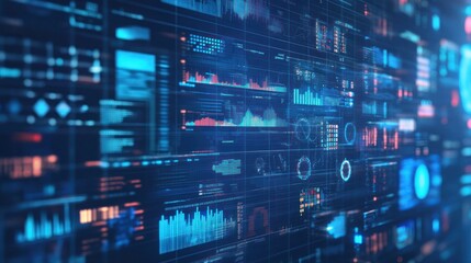 Abstract digital interface displaying data visualizations and analytics.