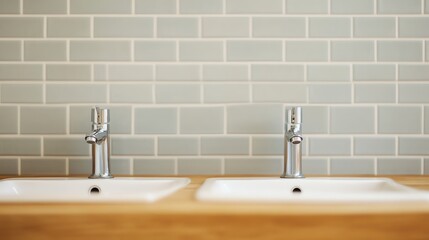 Modern bathroom sinks with sleek faucets against a stylish tiled wall, perfect for interior design inspiration.