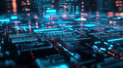 Obraz premium A futuristic digital circuit board illuminated with blue and orange lights.