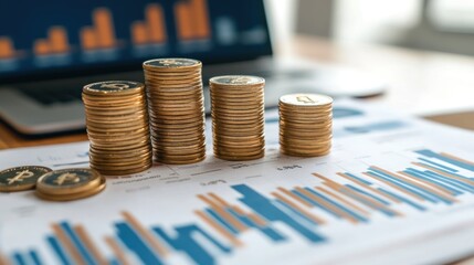 Close up of gold coins stacked on a bar graph.