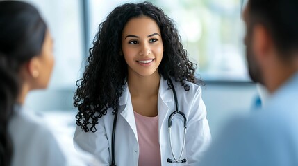 A cheerful female doctor consults with two patients, symbolizing compassionate healthcare, professional medical advice, and patient-doctor communication in a clinical setting.