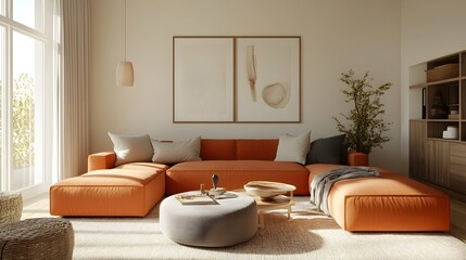 Fototapeta premium Bright and inviting Scandinavian inspired contemporary living room with a generously sized sectional understated decor elements and warm natural light flooding the serene and tranquil space