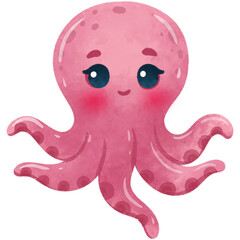 Cute Octopus Cartoon Sea Animals Watercolor Illustration