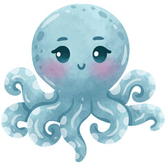 Cute Octopus Cartoon Sea Animals Watercolor Illustration