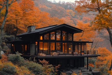 Modern cabin nestled in autumnal forest with large windows overlooking fall foliage.