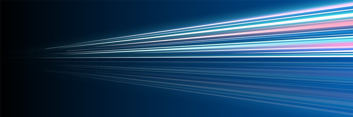 Motion luminous linear trails horizontal banner. High speed blue and pink glowing rays. Abstract long time exposure motion blur dynamic effect. Fast zoom light flash stripes. Perspective movement. Eps