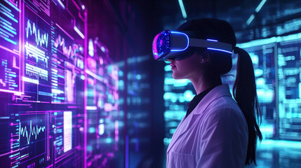 A doctor wearing virtual reality headset interacts with digital data in high tech environment, showcasing integration of technology in healthcare
