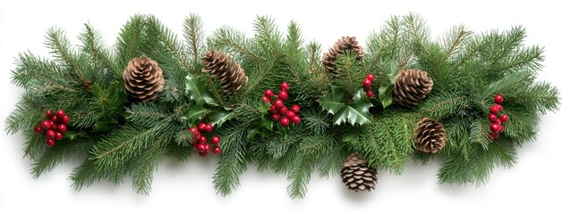 A vibrant Christmas garland made of lush pine branches, decorated with natural cones and bright red berries, ideal for enhancing festive designs and marketing materials