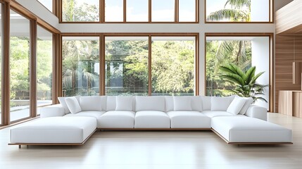 Fototapeta premium Bright and open contemporary living room with large L shaped white sofa minimalist wood and color accents expansive windows overlooking a lush outdoor scene