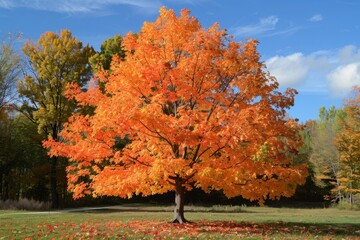 A large orange tree stands in a field with a blue sky in the background