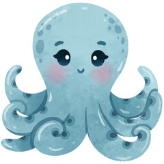 Cute Octopus Cartoon Sea Animals Watercolor Illustration