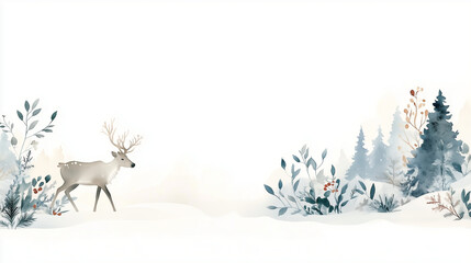 A peaceful watercolor scene of a reindeer walking through a snow-covered landscape, pale gray tones, subtle brushwork, copy space