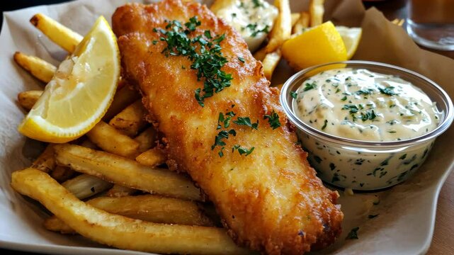 A delicious plate of fish and chips with tartar sauce and a lemon wedge