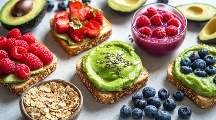 Vegan breakfast spread with avocado toast, fresh fruit, smoothie, and granola.