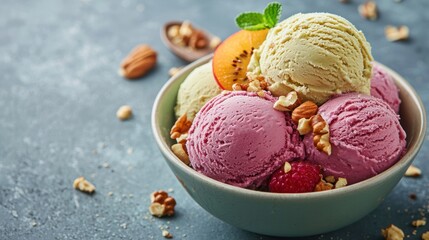 Vegan ice cream scoops in a bowl, topped with nuts and fruit slices.