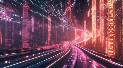 Obraz premium A futuristic digital landscape with vibrant neon lights and flowing pathways.