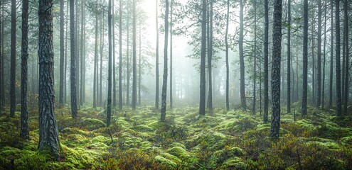 Fototapeta premium Misty forest with tall trees and green moss.