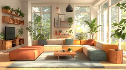 Fototapeta premium Bright and open plan modern living space featuring a modular sectional sofa minimalist media console and shelving and natural elements like plants and wood accents that create a cozy comfortable