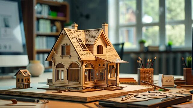 A detailed wooden model of a house sits on a desk, surrounded by architectural plans and drafting tools
