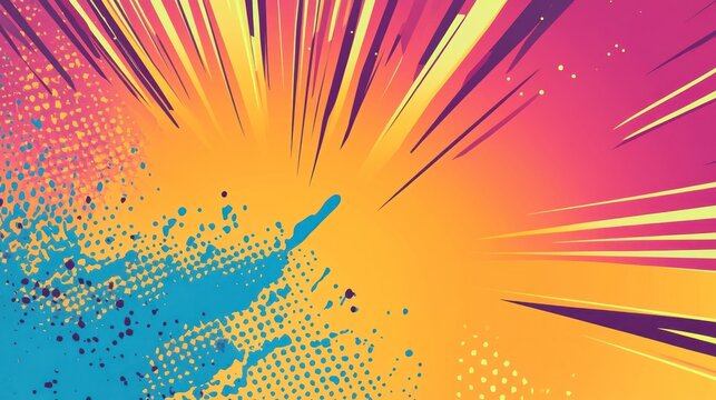 Abstract colorful background with a splash of blue paint and bright yellow and pink rays of light.